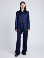 Proenza Schouler Front full length image of model wearing Magnus Pant in Satin in INK