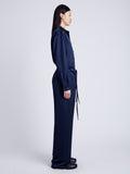 Proenza Schouler Side full length image of model wearing Magnus Pant in Satin in INK