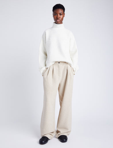 Proenza Schouler Front full length image of model wearing Tristan Knit Pant in Cloque in OATMEAL MELANGE