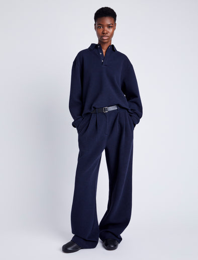 Proenza Schouler Front full length image of model wearing Tristan Knit Pant in Cloque in INK MELANGE