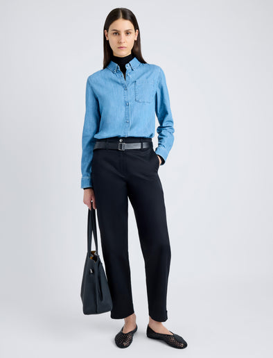 Proenza Schouler front image of model wearing Cait Pant in Cotton Twill in BLACK