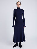 Proenza Schouler Front full length image of model wearing Phyllis Turtleneck in Geo Knits in NAVY/BLACK