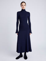 Proenza Schouler Front full length image of model wearing Phyllis Turtleneck in Geo Knits in NAVY/BLACK