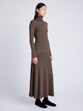 Proenza Schouler Side full length image of model wearing Phyllis Turtleneck in Geo Knits in BROWN/BLACK