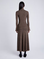 Proenza Schouler Back full length image of model wearing Phyllis Turtleneck in Geo Knits in BROWN/BLACK