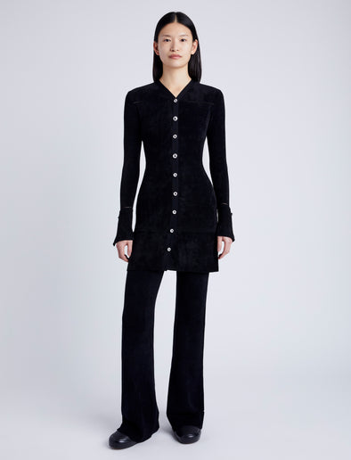 Proenza Schouler Front full length image of model wearing Lucille Cardigan in Chenille in BLACK