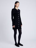 Proenza Schouler Side full length image of model wearing Lucille Cardigan in Chenille in BLACK