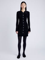 Proenza Schouler Front full length image of model wearing Lucille Cardigan in Chenille in BLACK