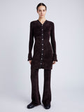 Proenza Schouler Front full length image of model wearing Lucille Cardigan in Chenille in HICKORY