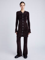 Proenza Schouler Front full length image of model wearing Lucille Cardigan in Chenille in HICKORY