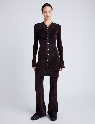 Proenza Schouler Front full length image of model wearing Lucille Cardigan in Chenille in HICKORY