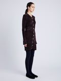 Proenza Schouler Side full length image of model wearing Lucille Cardigan in Chenille in HICKORY