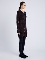 Proenza Schouler Side full length image of model wearing Lucille Cardigan in Chenille in HICKORY