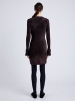 Proenza Schouler Back full length image of model wearing Lucille Cardigan in Chenille in HICKORY