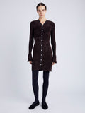 Proenza Schouler Front full length image of model wearing Lucille Cardigan in Chenille in HICKORY