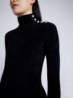 Proenza Schouler detail image of model wearing Jude Knit Dress in Chenille in BLACK