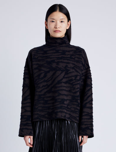 Proenza Schouler cropped front image of model wearing Asher Sweater in Brushed Knit in HICKORY/BLACK