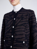 Proenza Schouler detail image of model wearing Josephine Jacket in Brushed Knit in HICKORY/BLACK