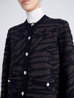 Proenza Schouler detail image of model wearing Josephine Jacket in Brushed Knit in HICKORY/BLACK