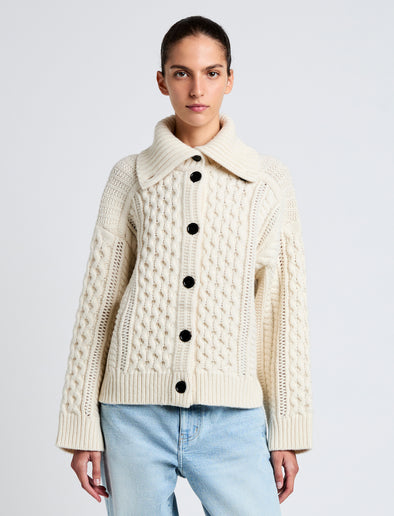 Proenza Schouler Front cropped image of model wearing Darlene Sweater in Cable Knit in ALABASTER