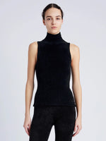 Proenza Schouler cropped front image of model wearing Mackenzie Knit Turtleneck in Chenille in BLACK