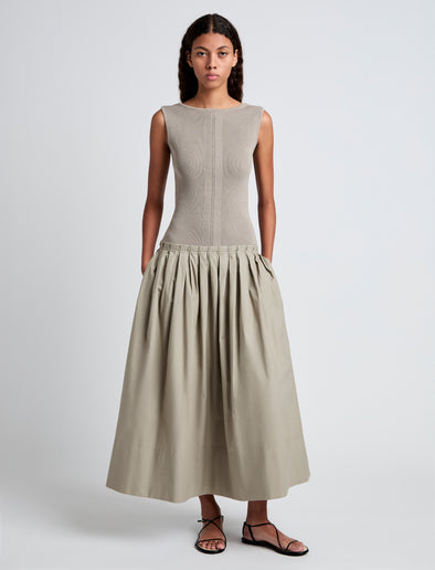 Proenza Schouler Front full length image of model wearing Tori Knit Dress in Brushed Poplin in Granite