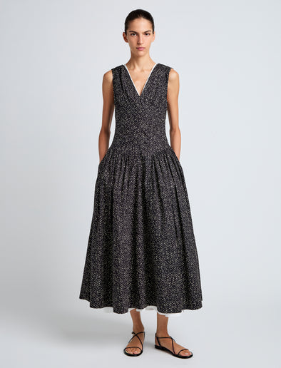 Proenza Schouler Front image of model wearing Clayton Dress in Printed Poplin in Black/Vanilla