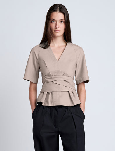 Proenza Schouler Front cropped image of model wearing Lilian Top in Brushed Poplin in Granite