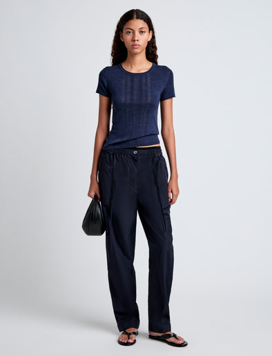 Proenza Schouler Front full length image of model wearing Aston Pant in Tech Cotton in Navy