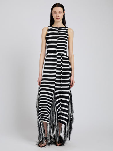 Proenza Schouler front image of model wearing Yves Dress in Stripe Fringed Knit in black/white