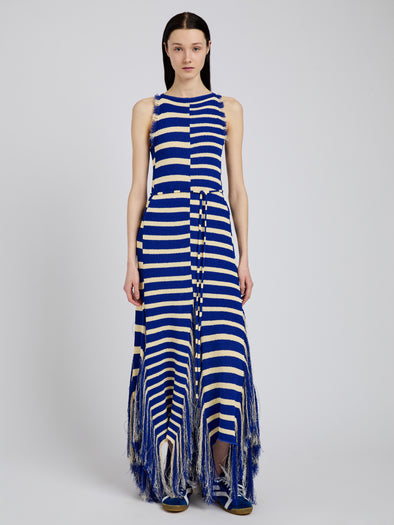 Proenza Schouler Front full length image of model wearing Yves Dress in Stripe Fringed Knit in Cobalt Multi