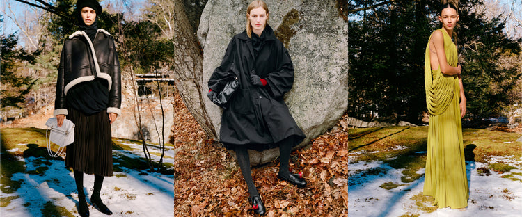 Triptych image of three models standing in natural landscapes of fallen leaves, stone boulders, and snowy moss, wearing pieces from the Proenza Schouler Fall Winter 2025 Collection