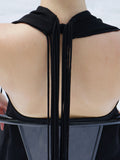 Proenza Schouler detail cropped image of model wearing Ember Dress in Light Matte Viscose Crepe in BLACK